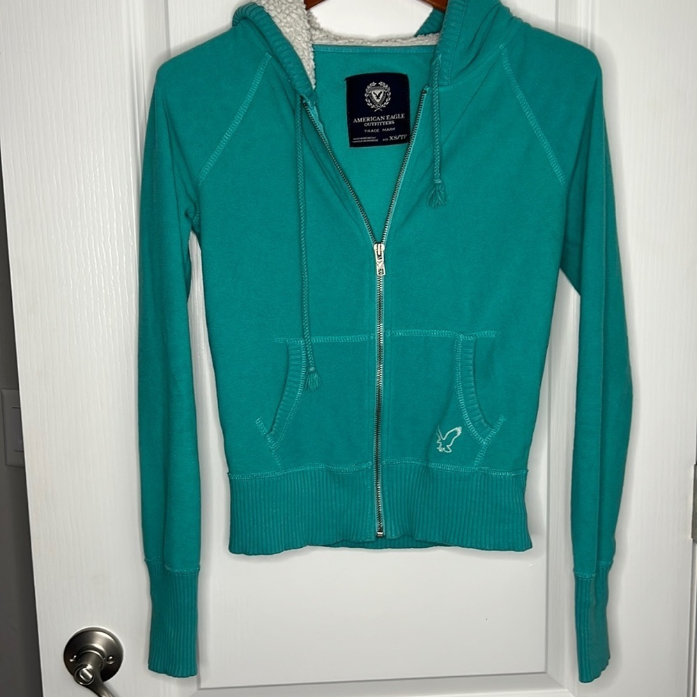 American Eagle Zipper Hoodie Jacket Teal Blue Extra Small